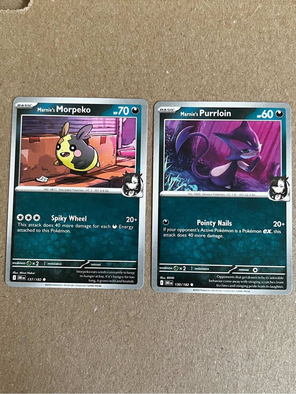 Pokemon TCG. 2 Card Lot. Marnie's Morpeko HP 70 And Marnie's Purrloin HP 60